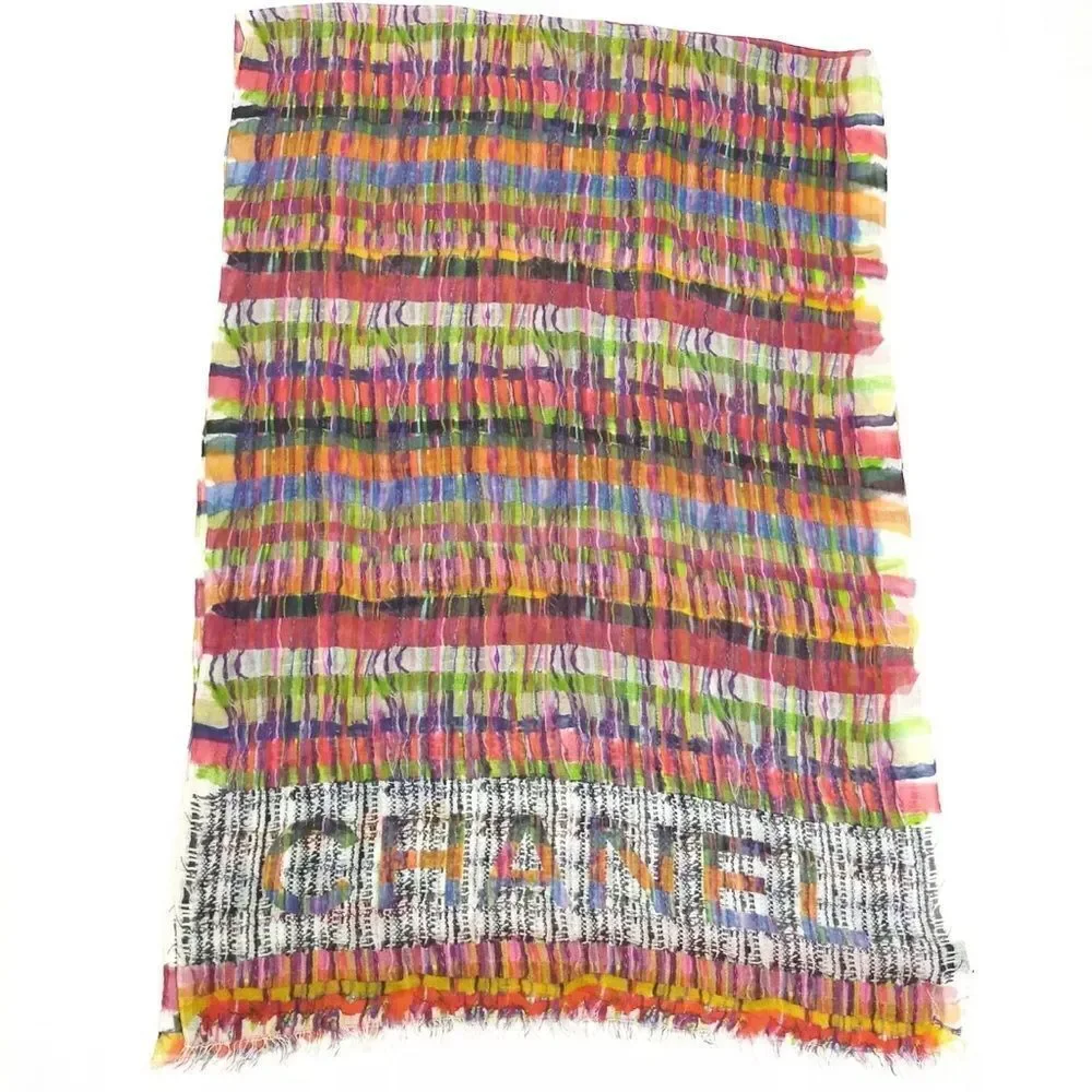 Auth Chanel Multicolor Cashmere Modal Silk Blend Striped Wrap Shawl Stole Scarf